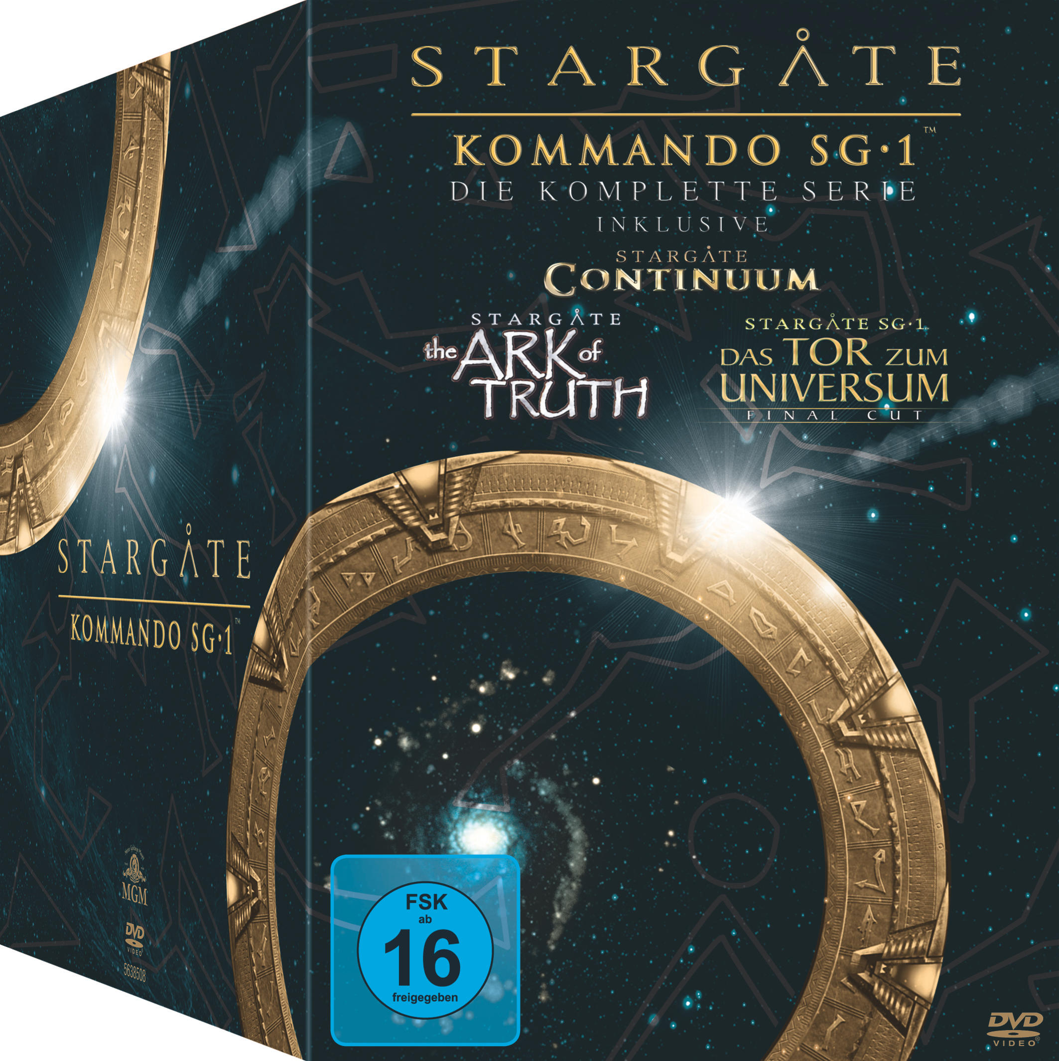 Stargate SG-1 DVD-Box-Set mit mehreren Discs, mit Gold- und Blautönen und einem Bewertungssymbol.