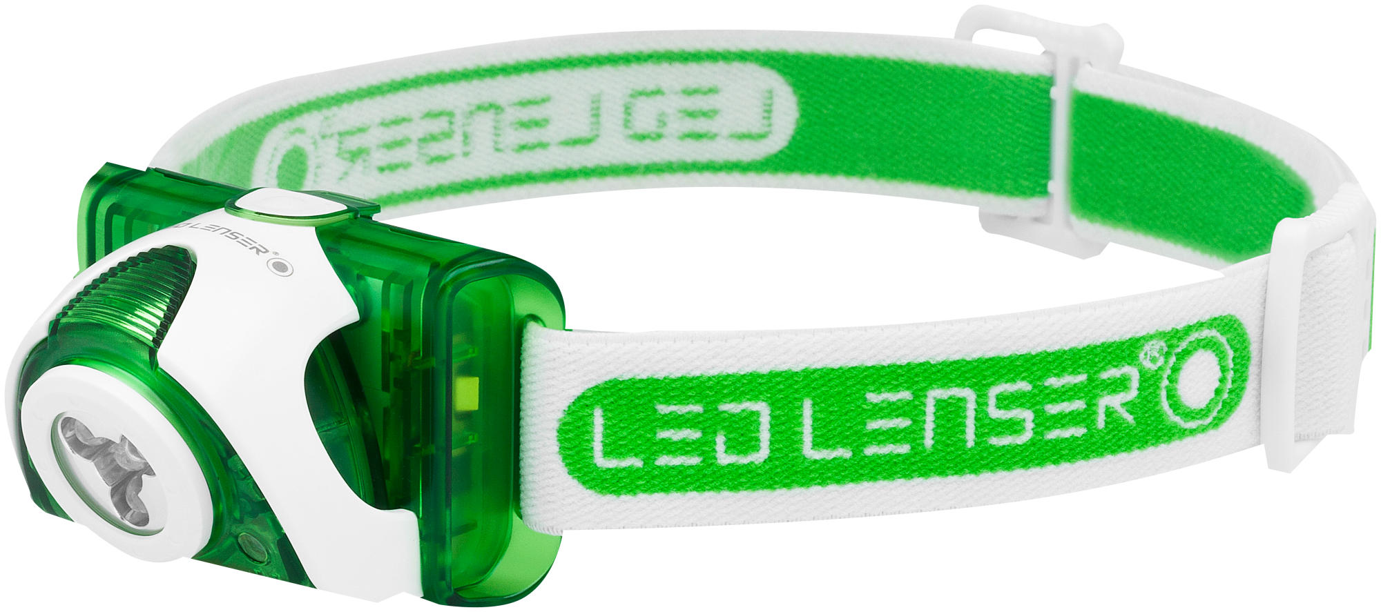 Grüne und weiße LED Lenser Stirnlampe. Enthält ein weißes Band und ein Licht.