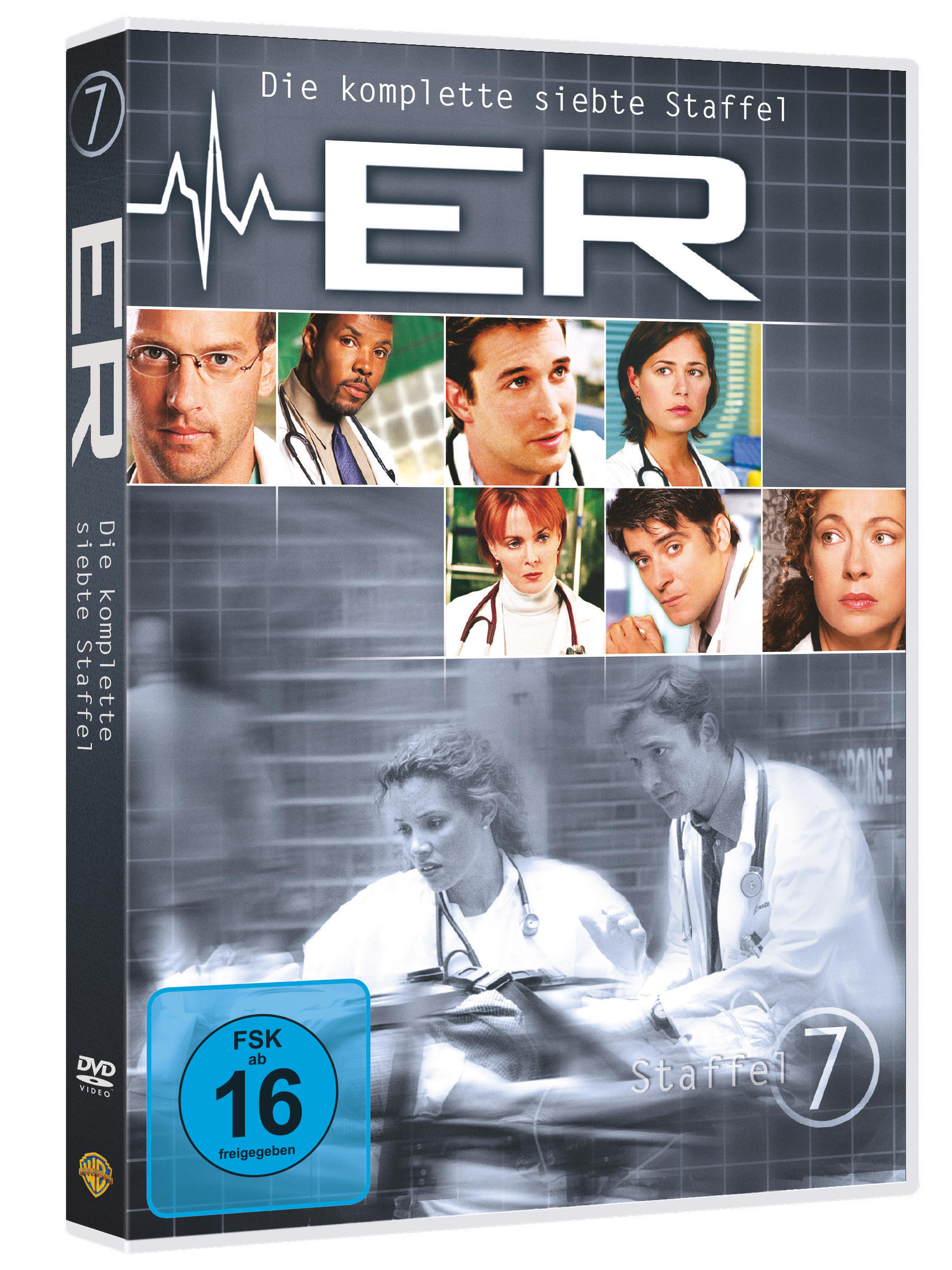 DVD-Cover von ER, Staffel 7. Ärzte sind im Vordergrund. Der Hintergrund hat das Logo der Show.