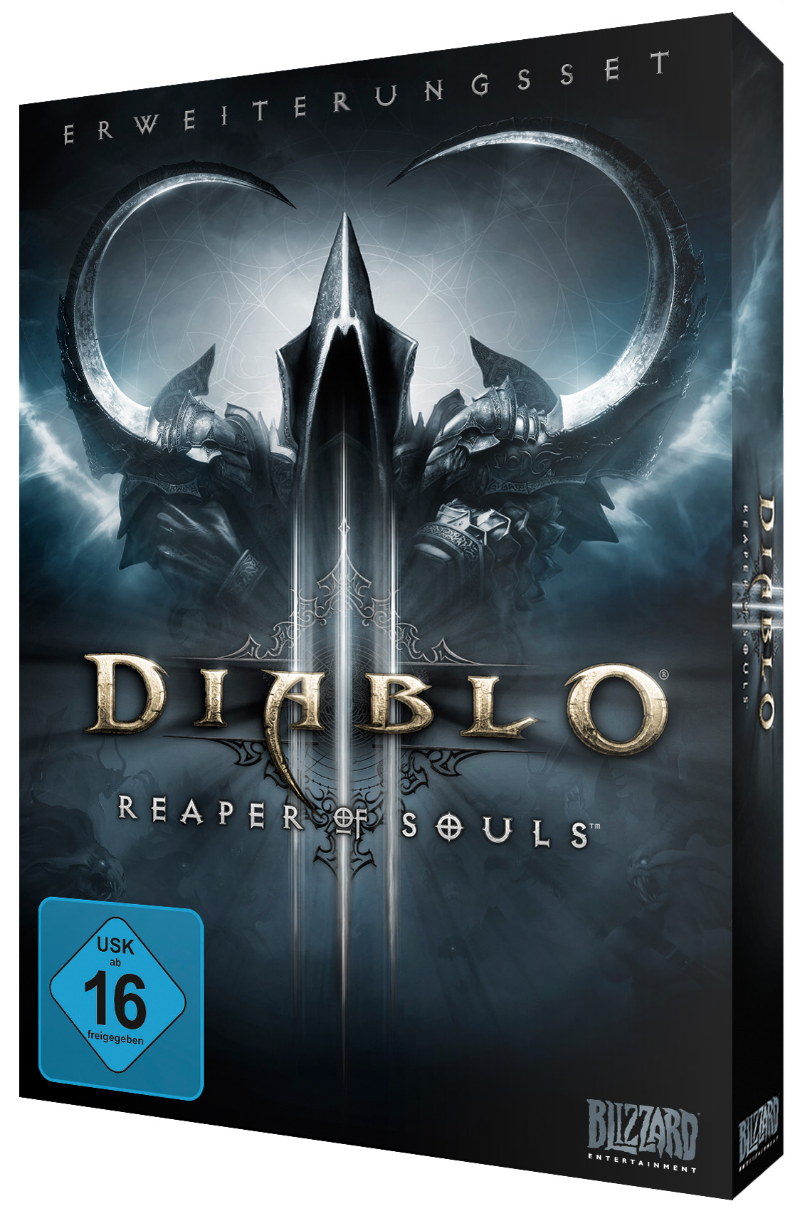 Spielbox-Art mit dunklem Thema, mit einer Kapuzenfigur, einem Schwert und dem Diablo-Titel.