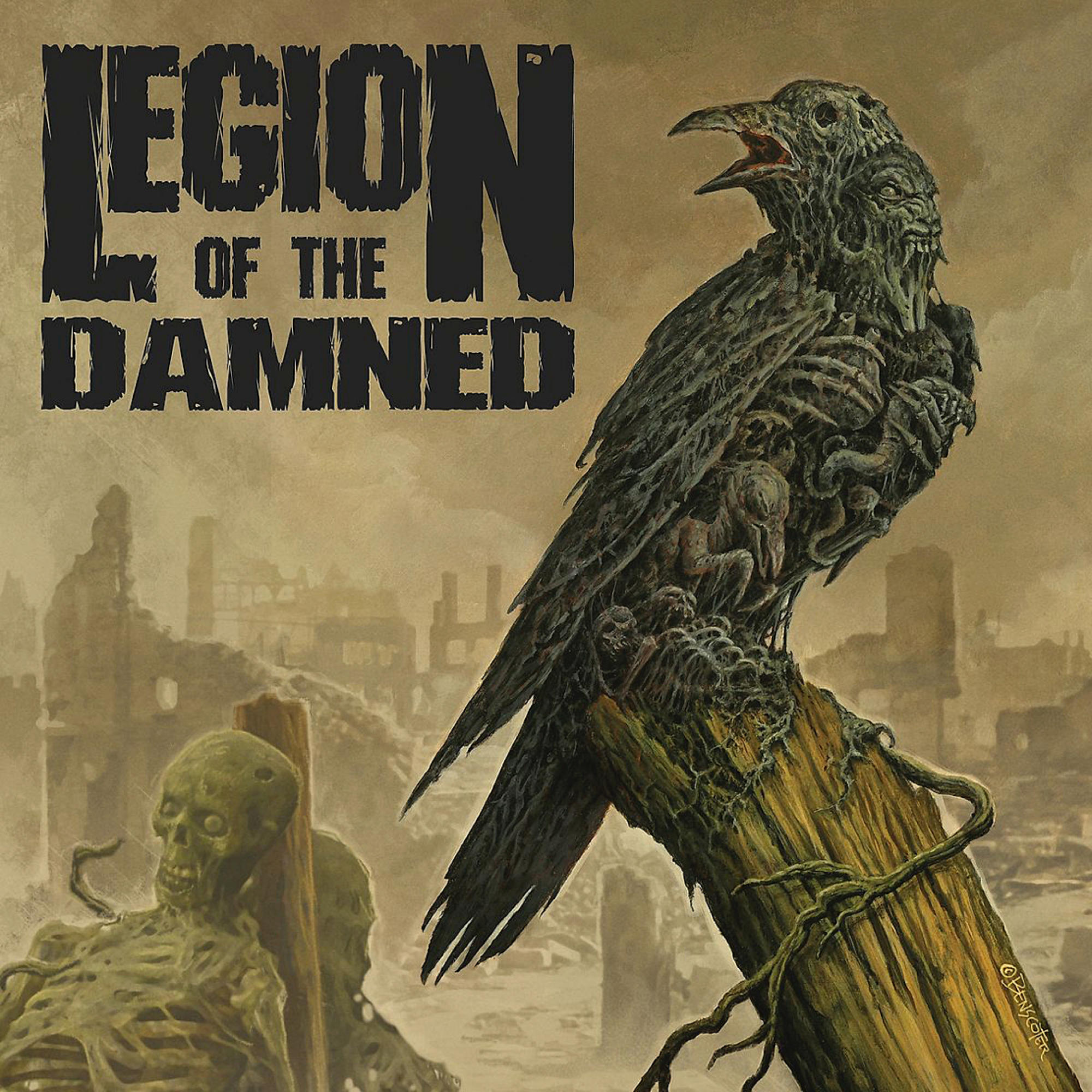 Albumcover: Legion of the Damned. Rabe auf Holzpfahl, Stadtruinen im Hintergrund.