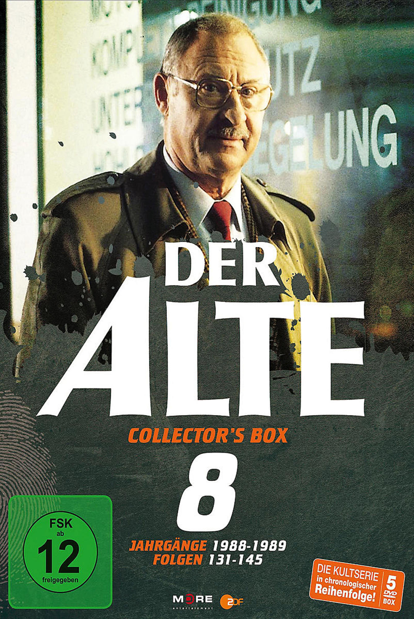 DVD-Cover: Mann mit Brille, Titel 'Der Alte', Collector's Box 8. Jahre 1988-1989, Episoden 131-145.