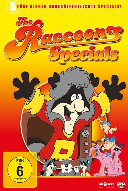 DVD-Cover: The Raccoons Specials, Waschbär-Zeichentrickfigur, gelber Hintergrund.