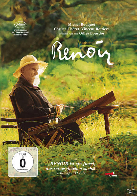 Filmposter für 'Renoir' mit einem Mann, der im Freien malt. Grünes Gras im Hintergrund.
