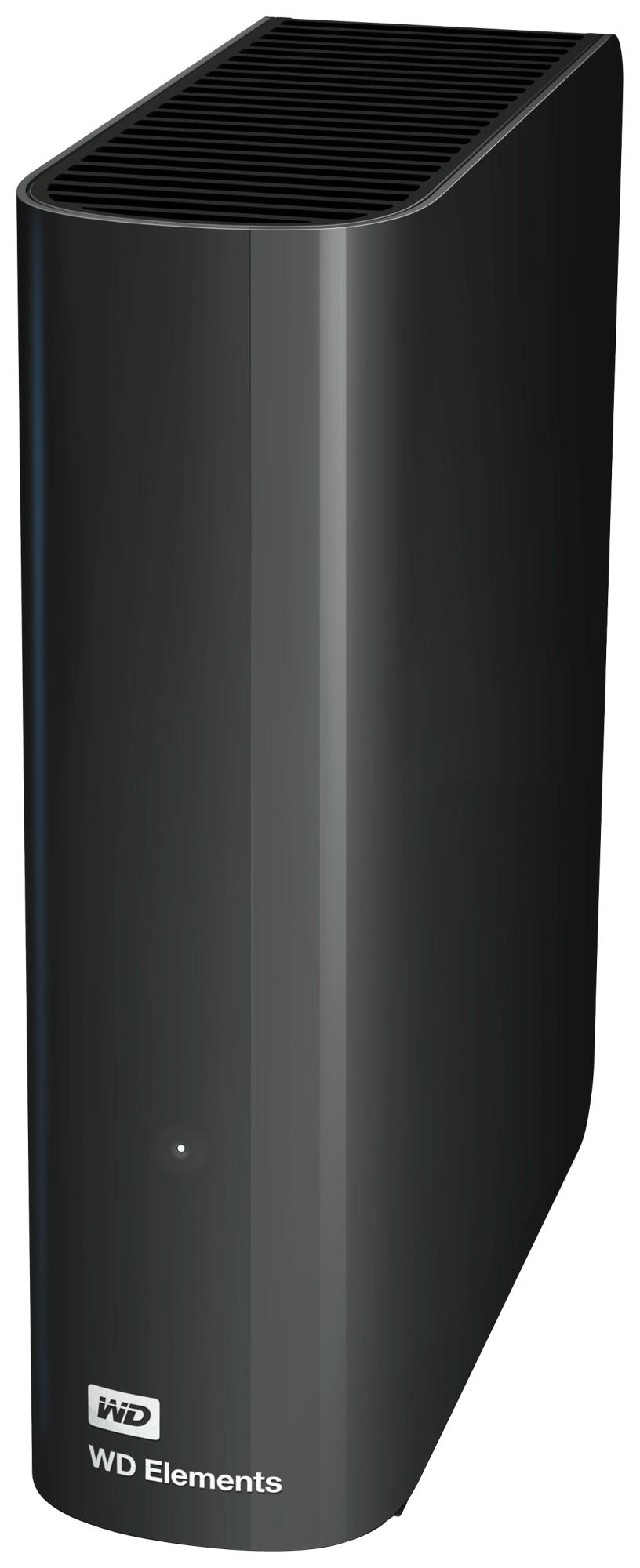 Zwarte externe harde schijf. Het is een verticale, rechthoekige vorm met een WD Elements logo.