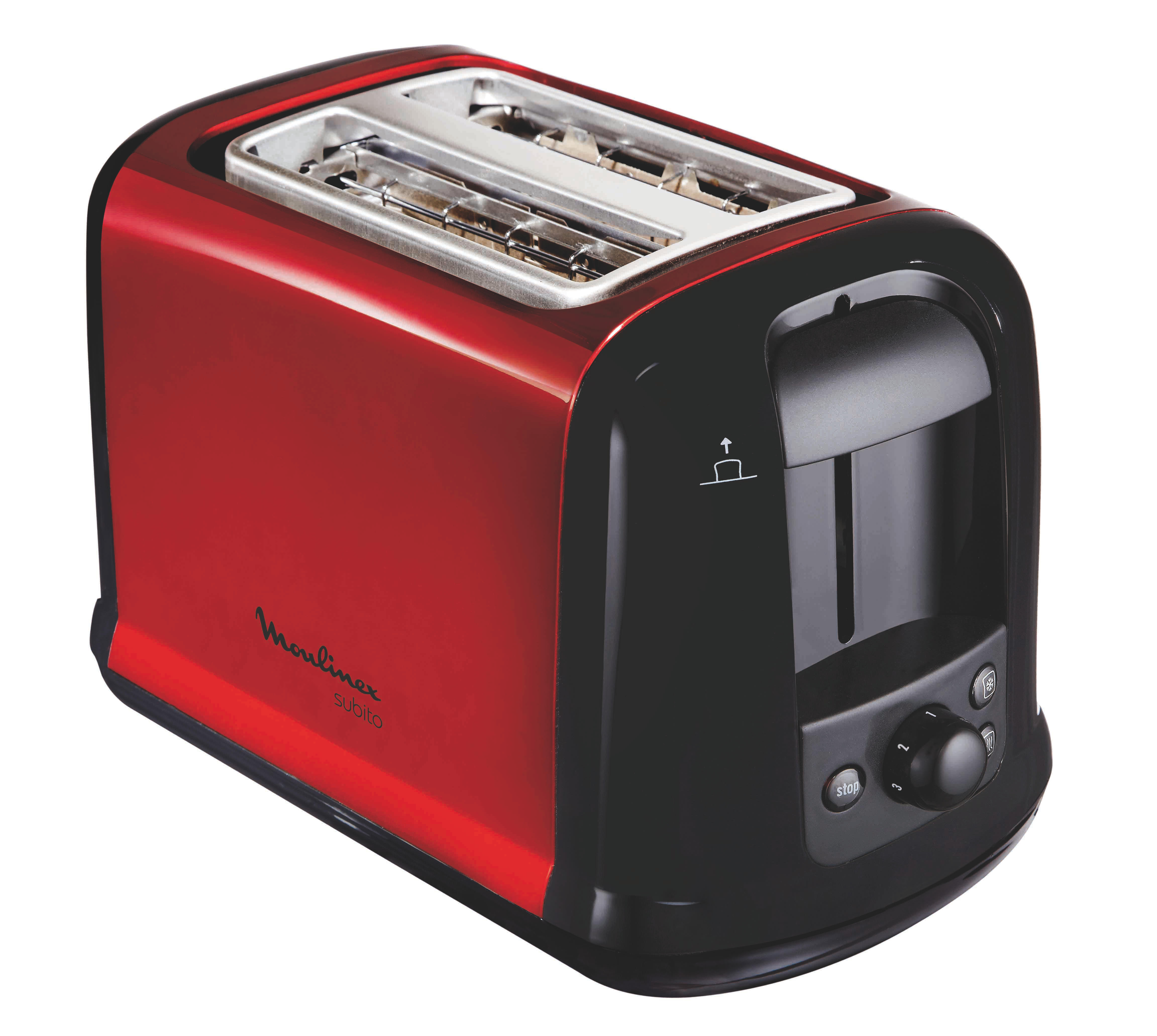 Grille-pain Moulinex rouge et noir sur fond blanc.