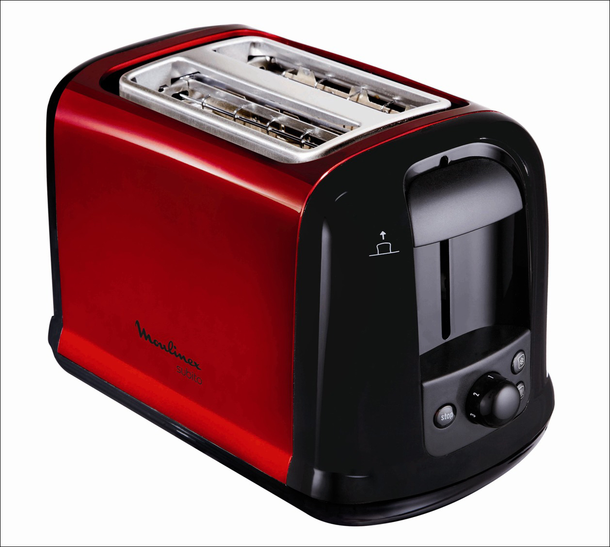 Grille-pain rouge et noir. Il a deux fentes et un cadran avec une option d'arrêt.
