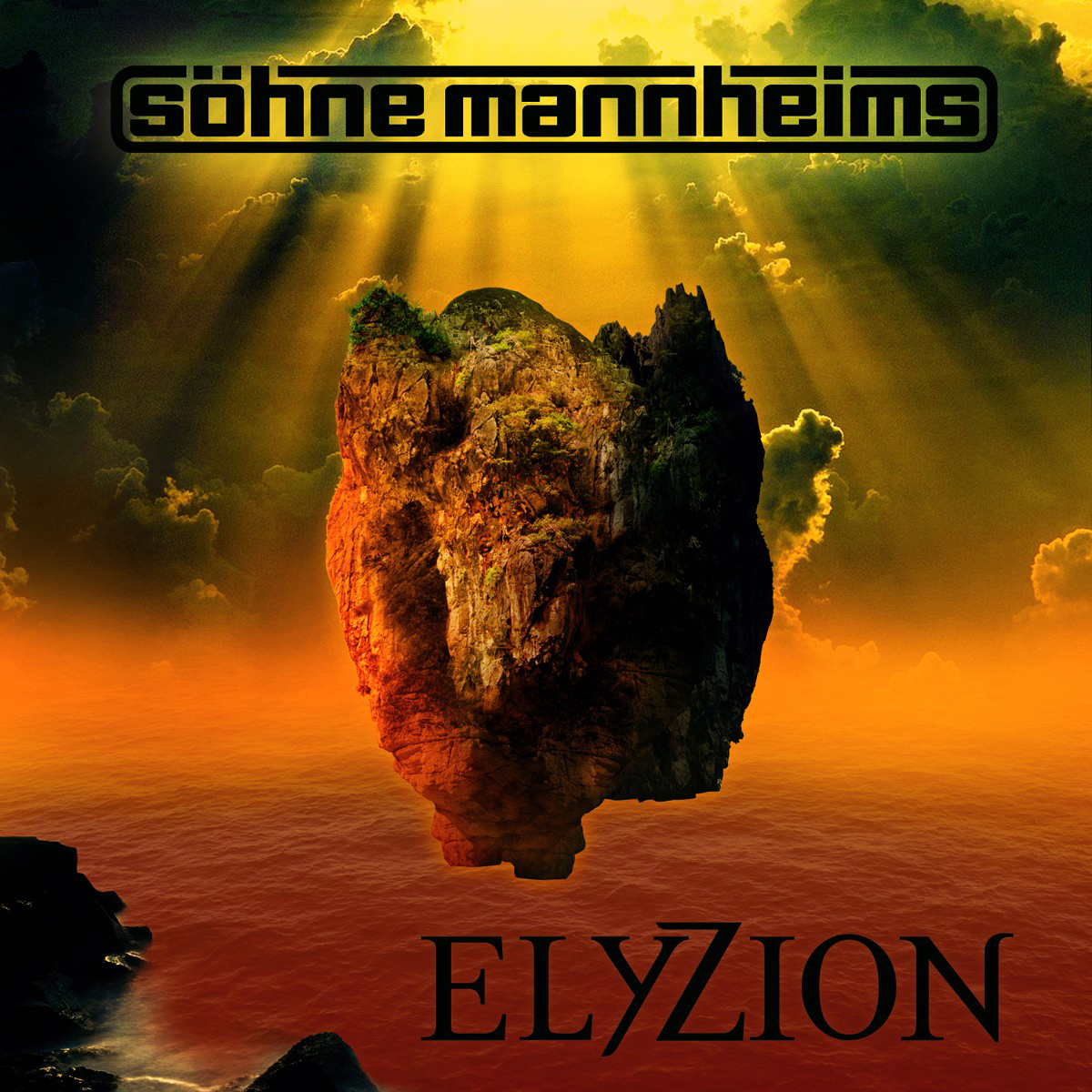 Albumcover: Felseninsel im Wasser, gelber Himmel und der Bandname "Söhne Mannheims".
