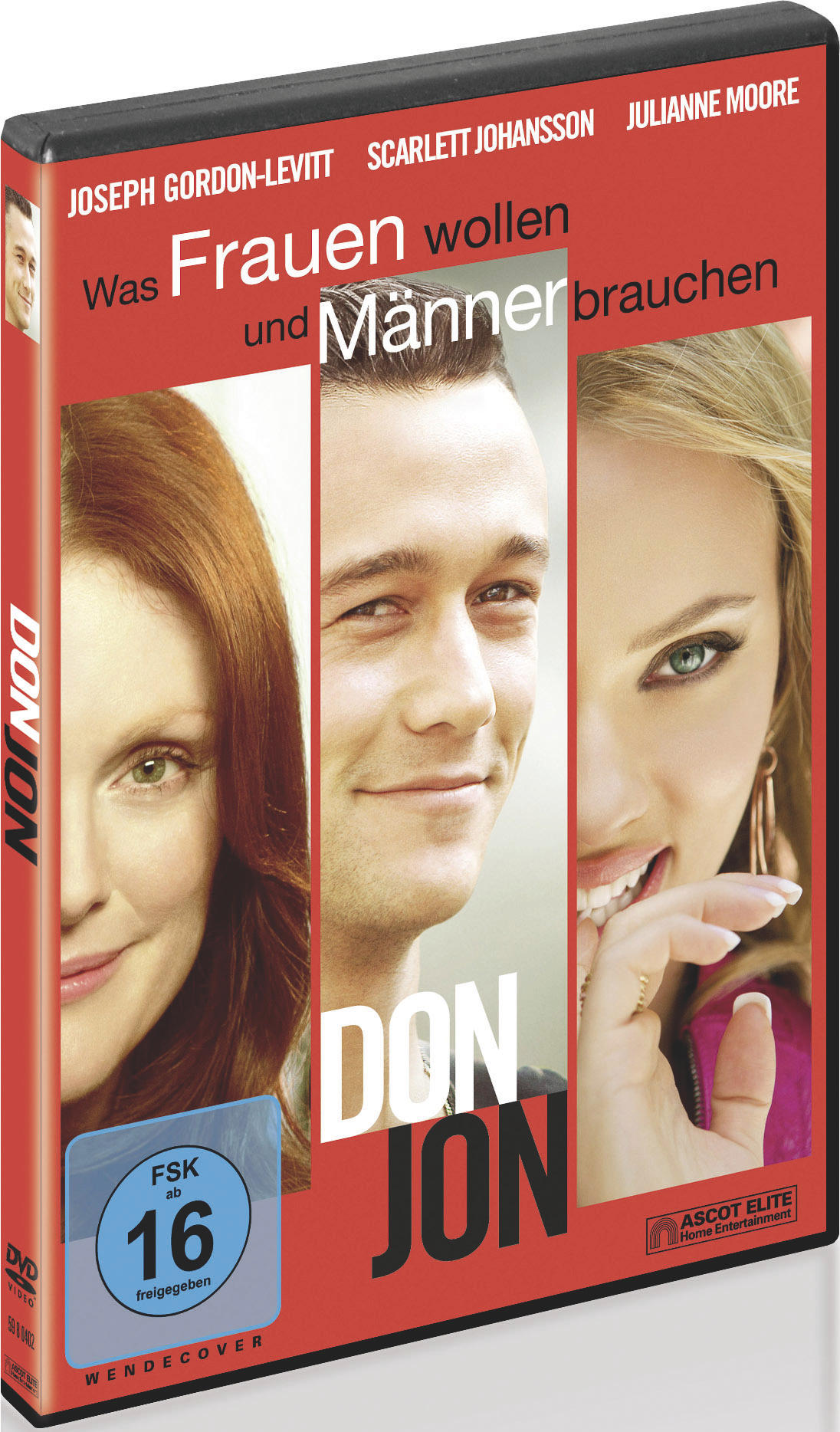 DVD-Cover für 'Don Jon'. Gesichter von Joseph Gordon-Levitt, Scarlett Johansson und Julianne Moore werden gezeigt.