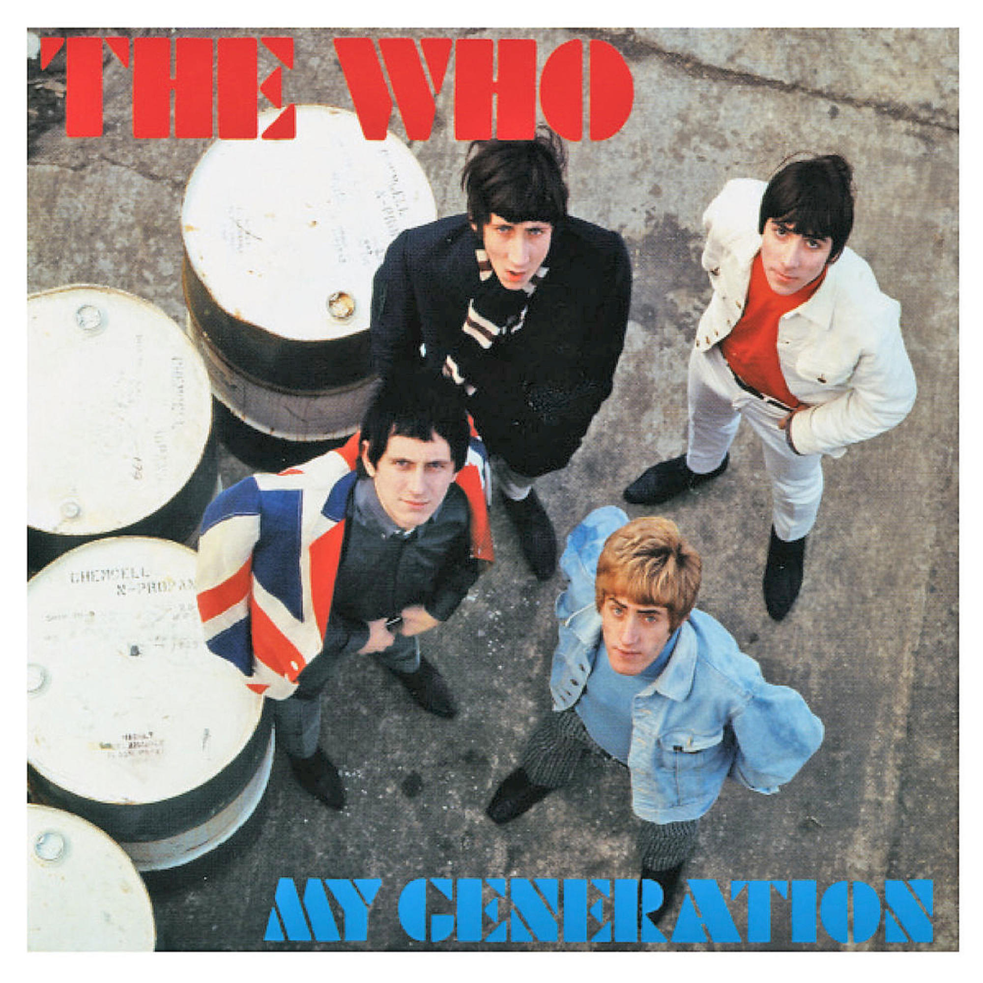 Albumcover: Vier Männer in verschiedenen Outfits stehen auf Beton. Text: The Who, My Generation.