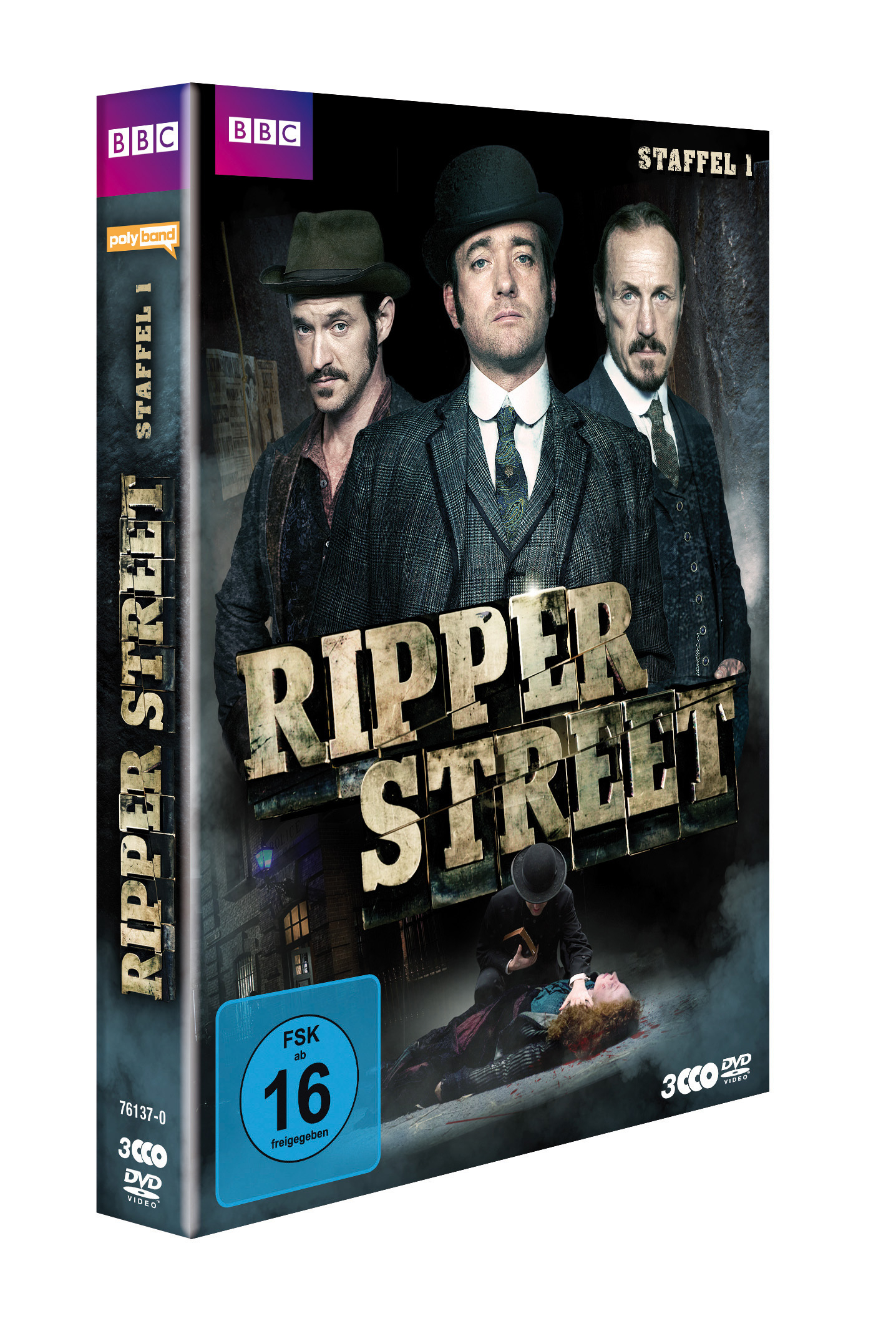 Ripper Street DVD-Cover. Drei Männer stehen, während ein Mann am Boden liegt. Der Titel wird gezeigt.