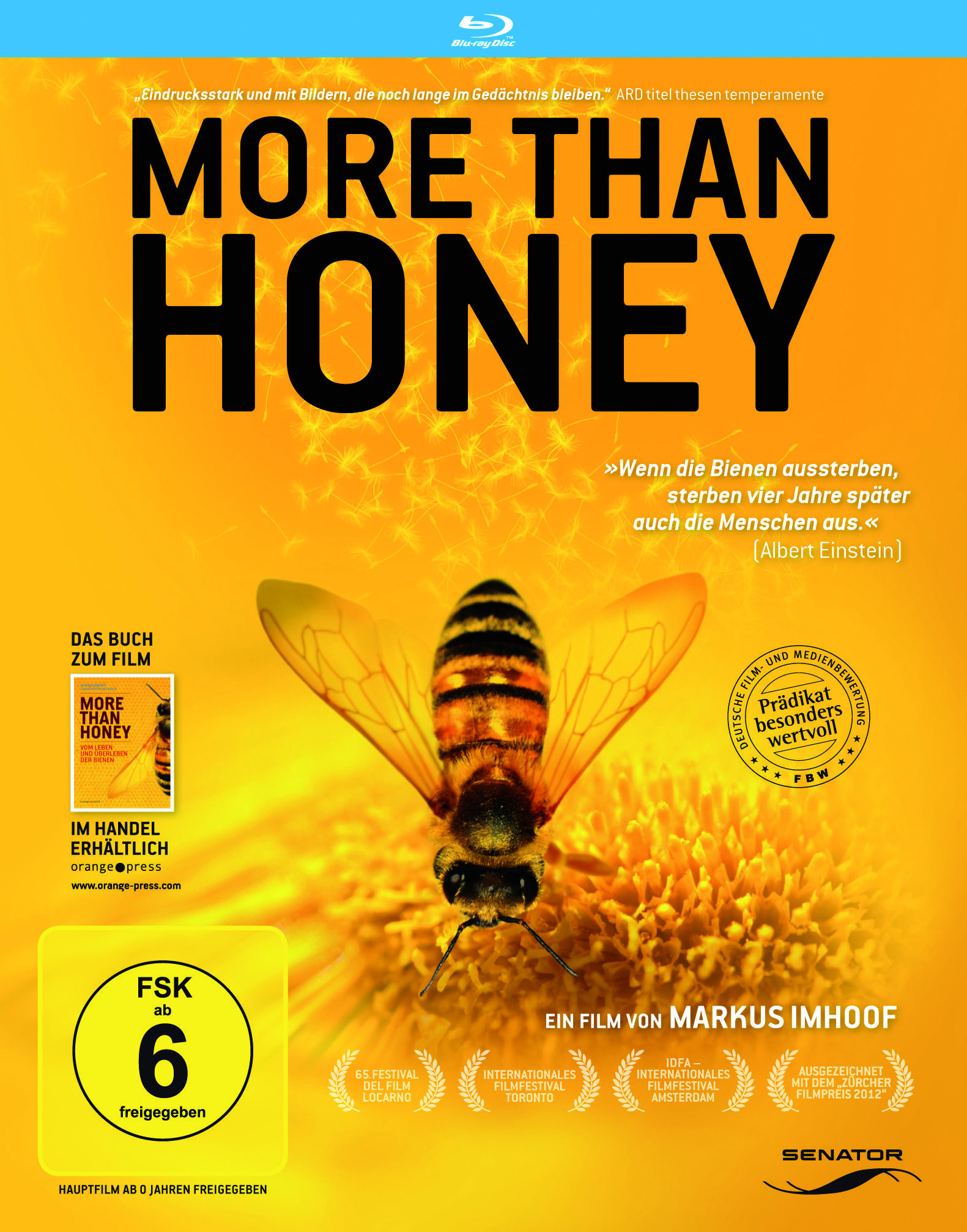 Filmcover für More Than Honey. Eine Biene auf einer Blume, mit Text und Auszeichnungen.