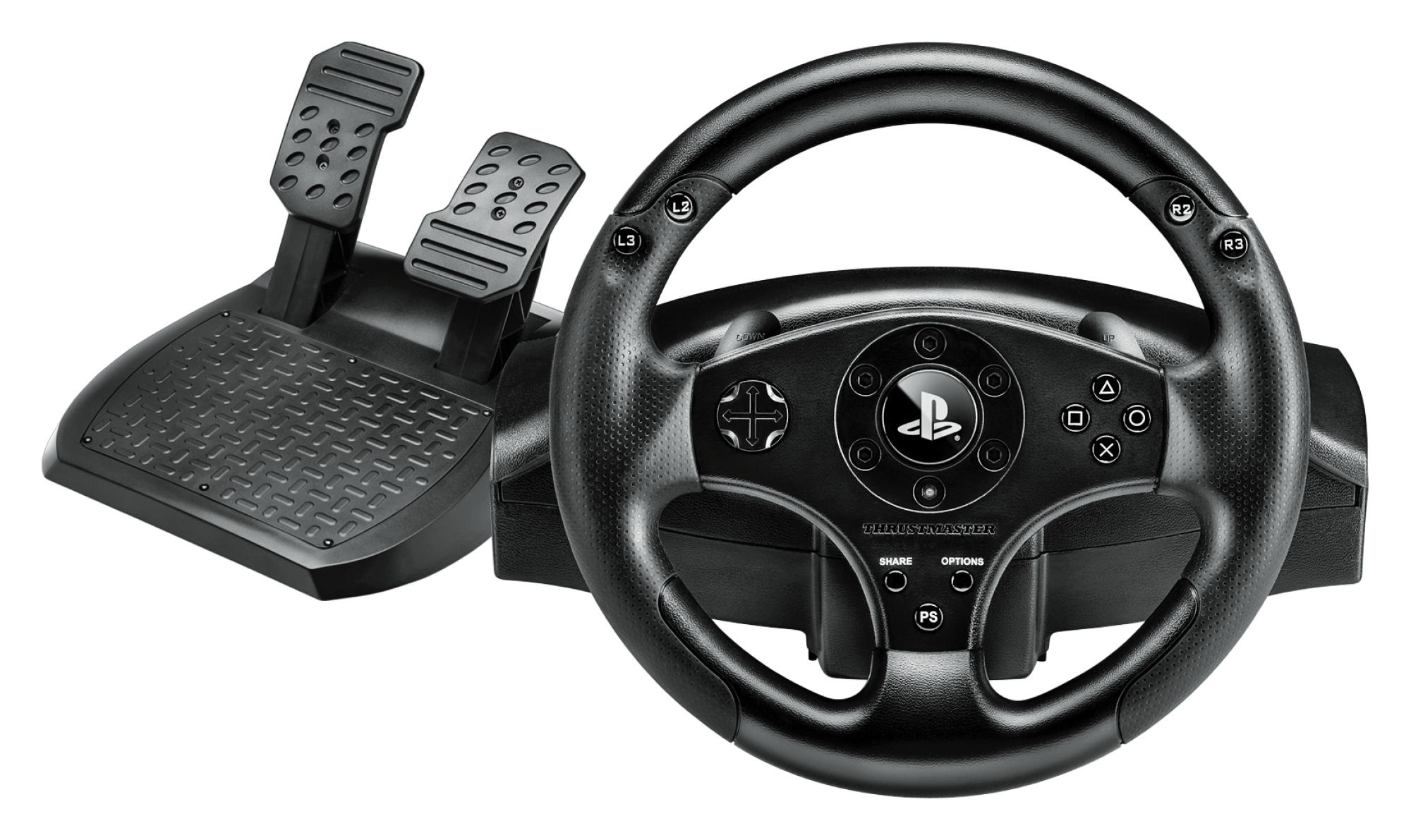 Schwarzes Rennlenkrad und Pedalset. Das Lenkrad hat Tasten und ein PlayStation-Logo. Pedale haben Fußstützen. Marke Thrustmaster.