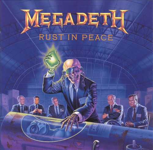 Album borító: Megadeth, Rust in Peace. Öltönyös csontváz, idegenekkel és férfiakkal a háttérben.