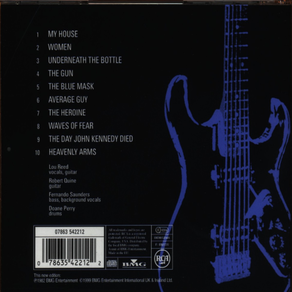 Album-Rückseite: Trackliste, Gitarrenbild und Künstler-/Credits-Details, mit blauem und schwarzem Thema.