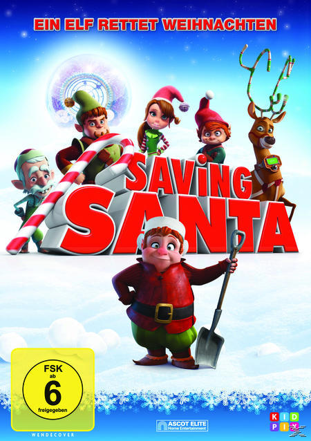 DVD-Cover für Saving Santa, zeigt Elfen, Weihnachtsmann und Rentier in einer verschneiten Szene.
