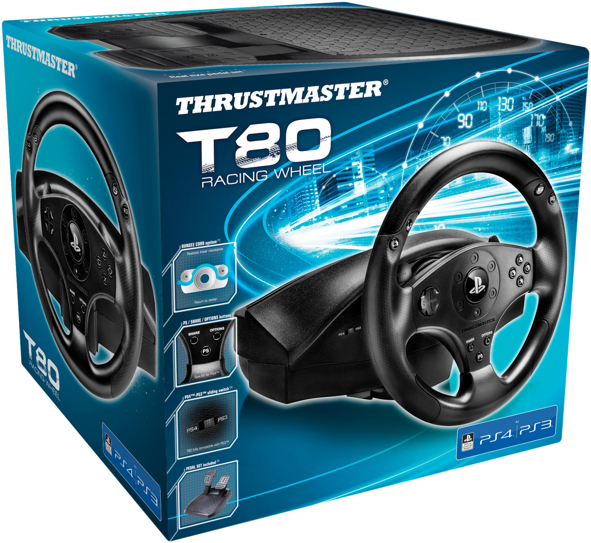 Ein Thrustmaster T80-Rennlenkrad für PS4/PS3 wird auf einer blauen Box angezeigt. Das Lenkrad ist schwarz und hat Knöpfe.
