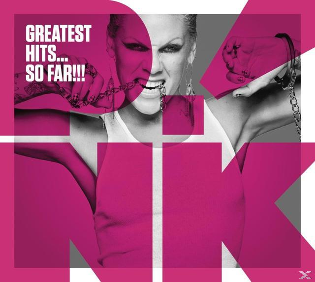 Albumcover für P!nks 'Greatest Hits... So Far!!!'. P!nk beißt in eine Kette, mit großen rosa Blöcken.