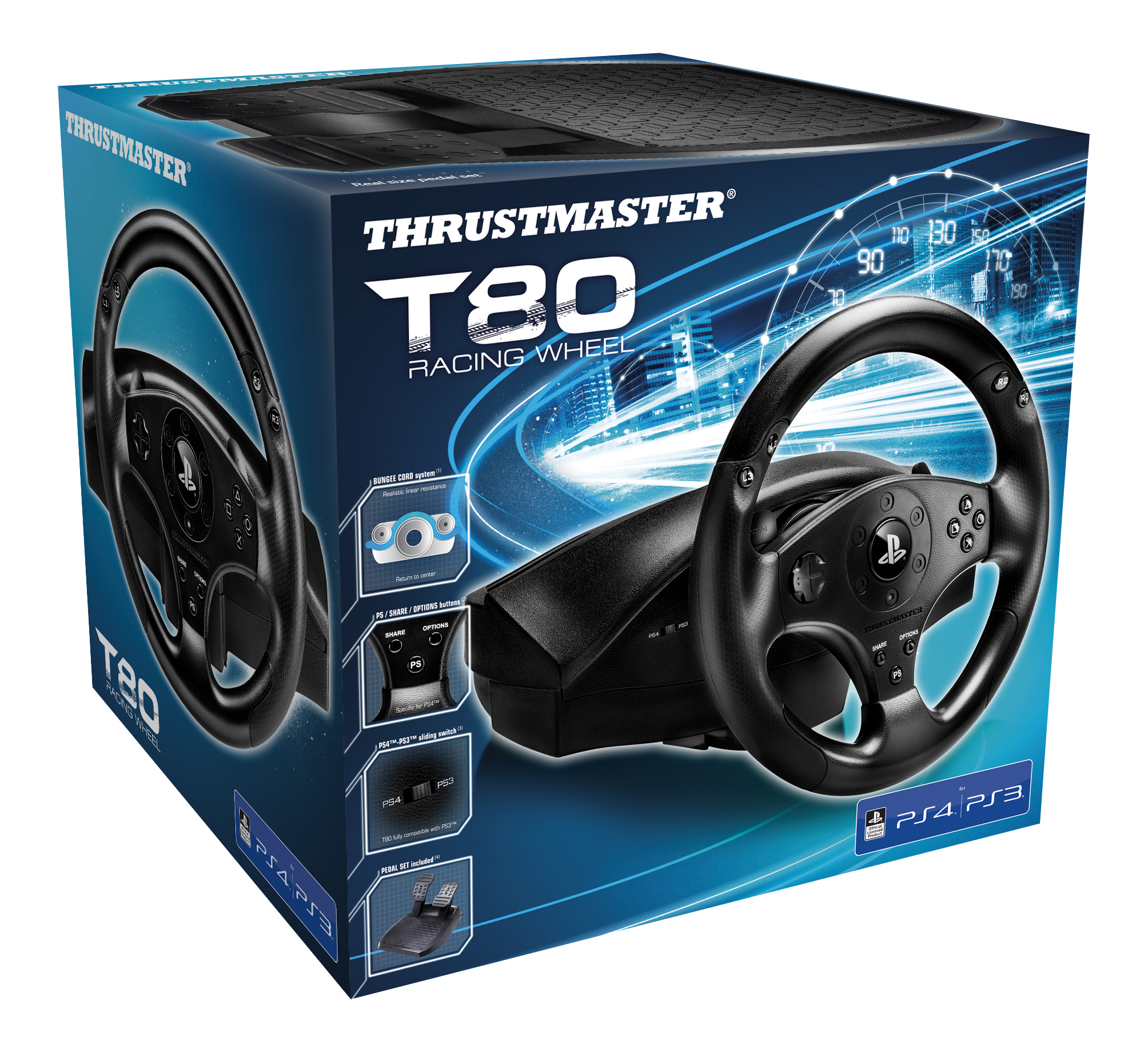 Schachtel mit einem Thrustmaster T80 Rennlenkrad für PS4/PS3. Zeigt das Lenkrad und Funktionen.