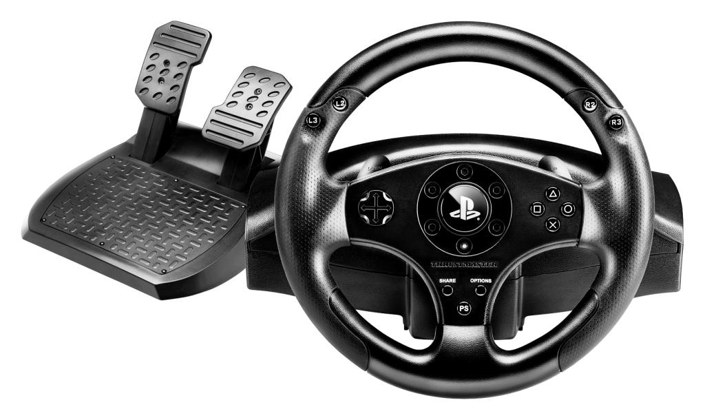 Schwarzes Thrustmaster-Rennlenkrad mit Pedalen. Mit Knöpfen, Logos und strukturiertem Griff. Inklusive Share- und Options-Tasten.