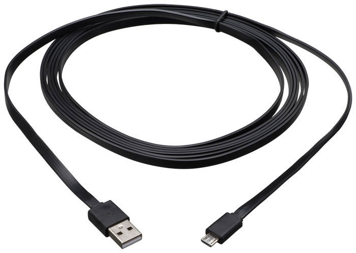 Schwarzes USB-Kabel mit einem USB-A-Anschluss und einem Micro-USB-Anschluss.