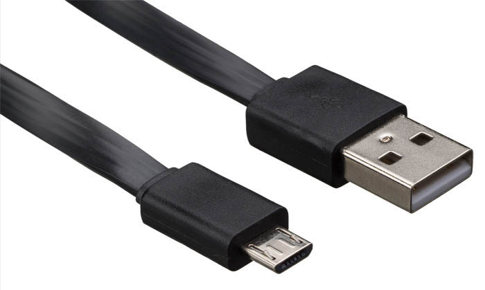 Schwarzes USB-Kabel mit einem Standard-USB-Anschluss und einem Micro-USB-Anschluss.