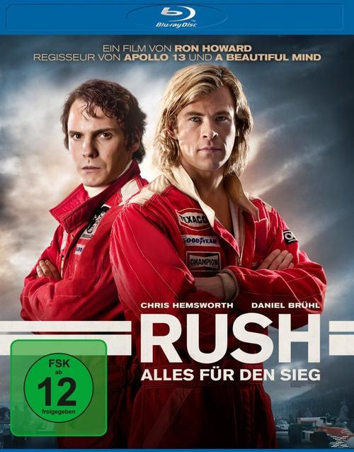 Blu-ray-Cover von 'Rush', zwei Männer in Rennanzügen, einer mit blonden Haaren, vor einem Rennstreckenhintergrund.