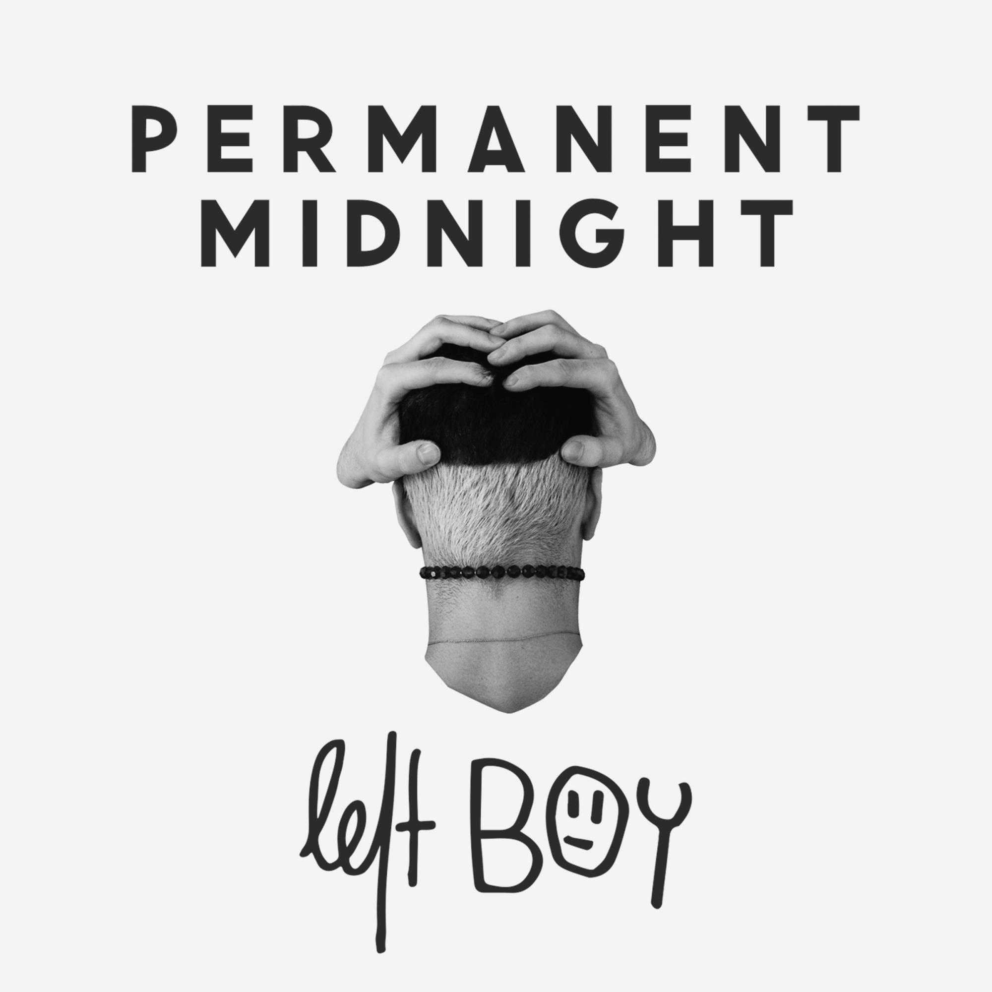 Schwarz-Weiß-Bild mit den Worten 'PERMANENT MIDNIGHT'. Ein Männerkopf zwischen zwei Händen, Text 'left BOY'.