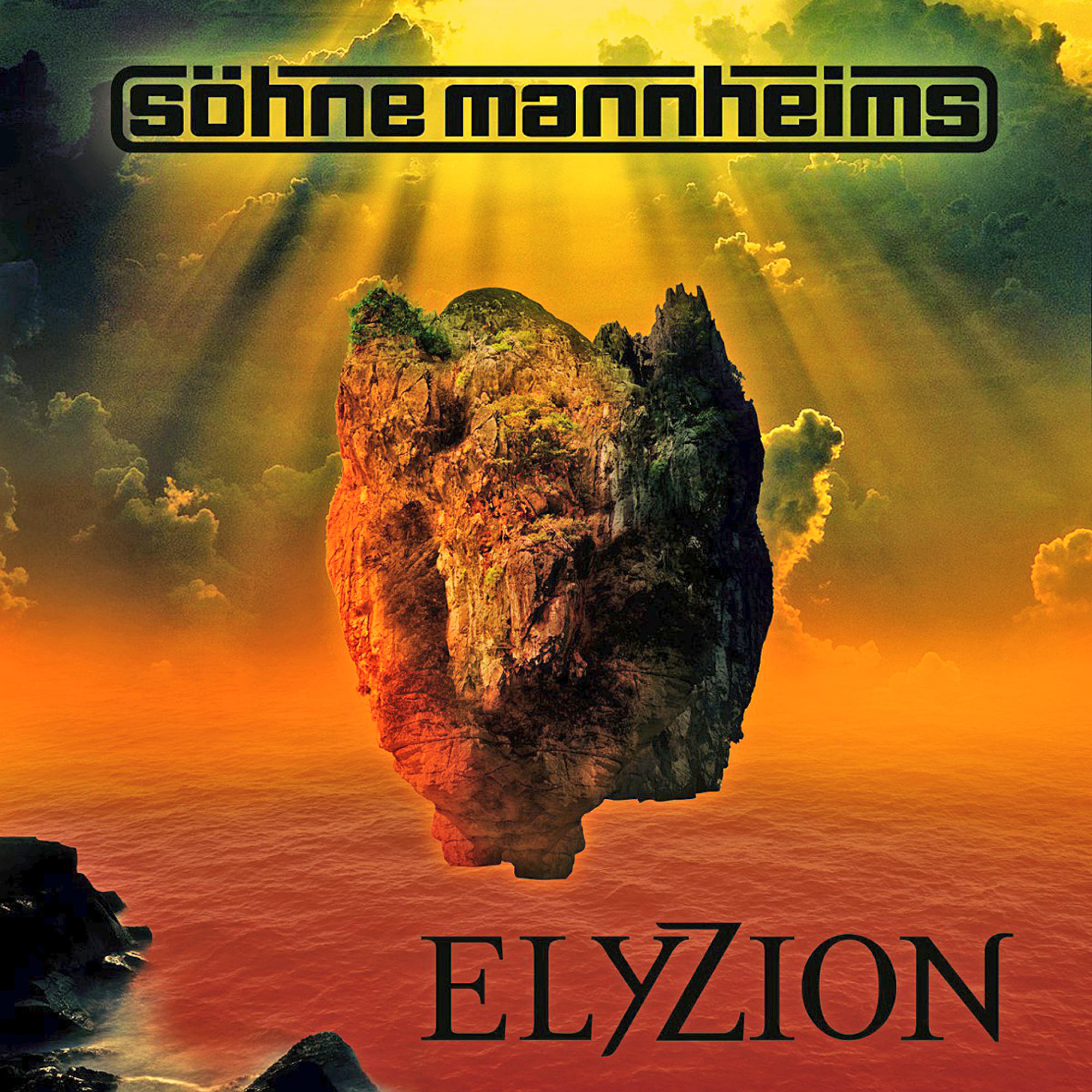 Albumcover, eine Felsformation im Meer, mit dem Wort ELYZION unten und Logo oben.