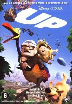 Up filmcover. Een oude man en een jongen rijden op een grote vogel. Titel: Up. Disney Pixar.