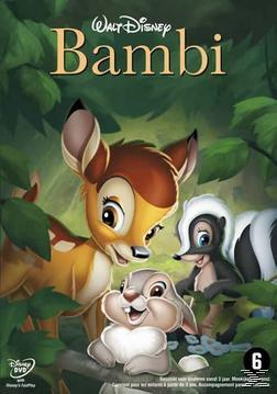 Bambi filmhoes met Bambi, Stampertje en Bloempje in een bosrijke omgeving. Walt Disney logo zichtbaar.
