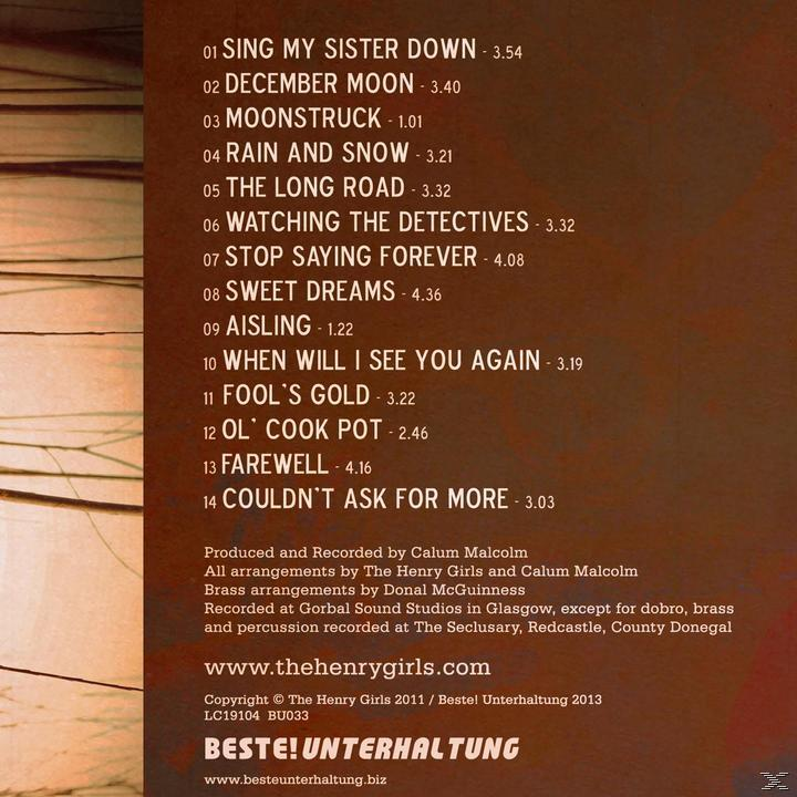 Album-Trackliste von "The Henry Girls". Der Text ist weiß auf dunklem Hintergrund. Enthält die Website-Adresse.