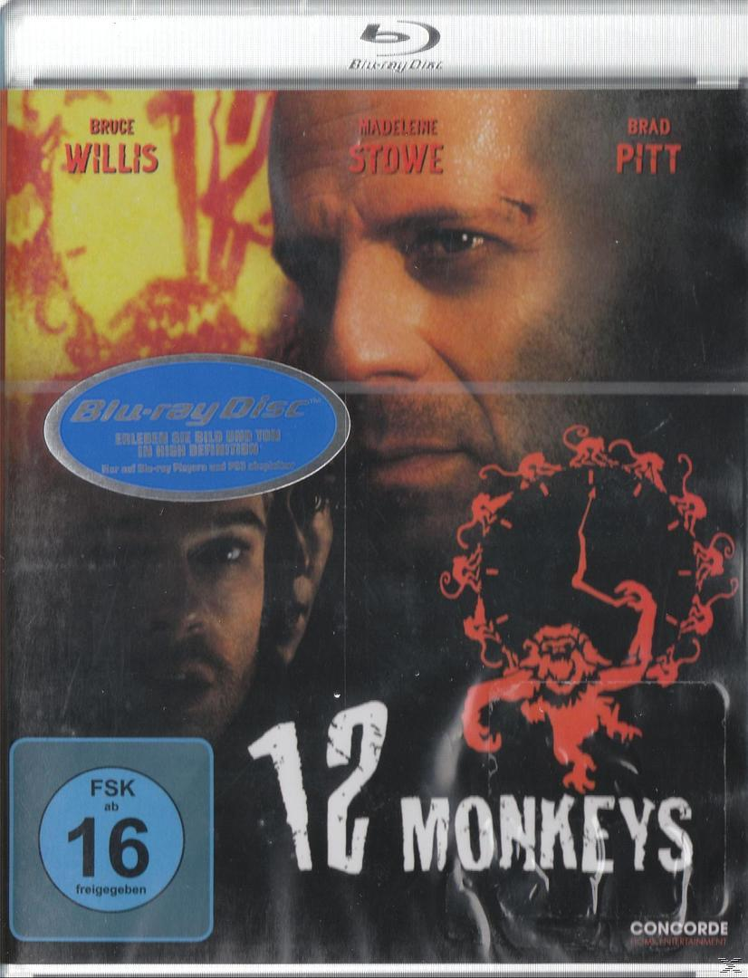 12 Monkeys Blu-ray-Cover. Bruce Willis, Madeline Stowe und Brad Pitt sind auf dem Cover.
