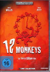 DVD-Cover von 12 Monkeys mit Bruce Willis & Brad Pitt. Rotes Affen-Icon auf rot-orangefarbenem Hintergrund.