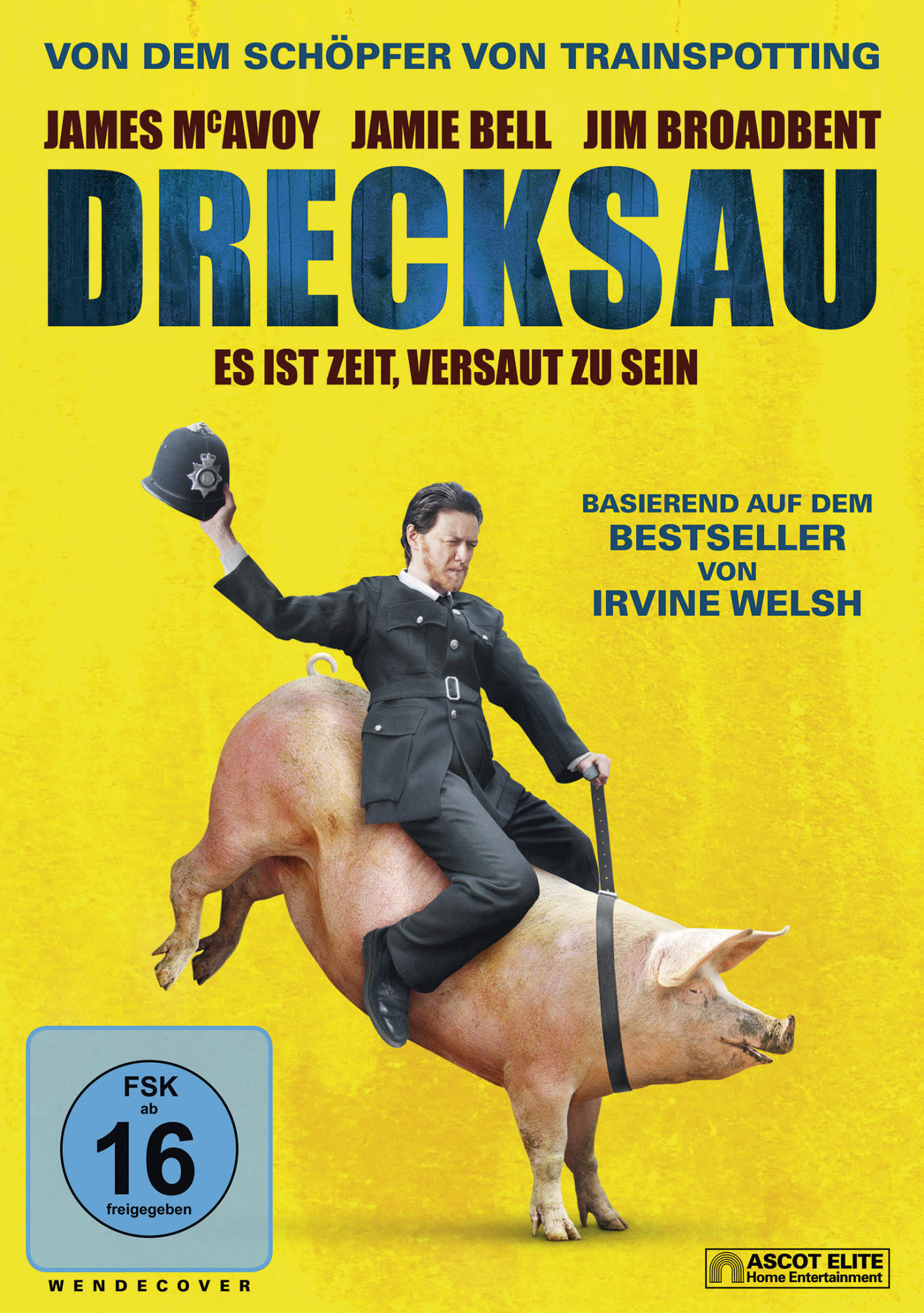 DVD-Cover. Mann in Polizeiuniform reitet auf einem Schwein, gelber Hintergrund, Text.