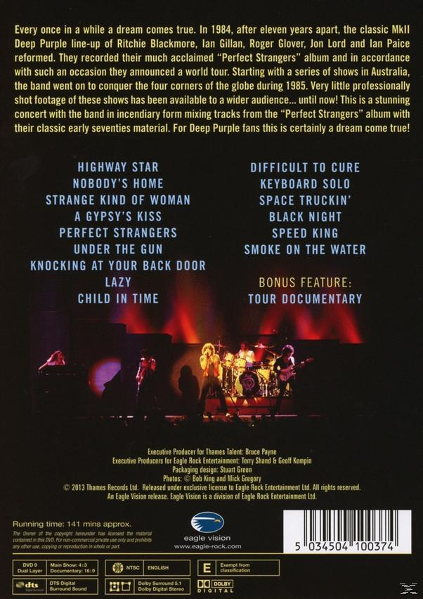 Deep Purple Konzert-DVD-Rückseite. Bandmitglieder, Titelliste und Informationen zur Tour.