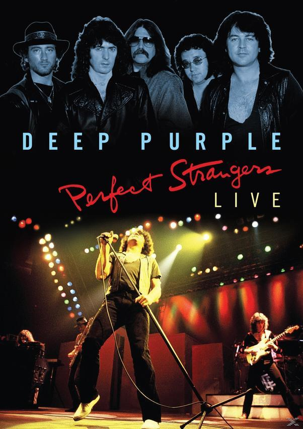 Deep Purple Live-Albumcover. Bandmitglieder und ein Sänger auf der Bühne. Titel: Perfect Strangers Live.