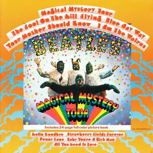 Das Beatles-Albumcover für 'Magical Mystery Tour'. Buntes Bild mit Text.