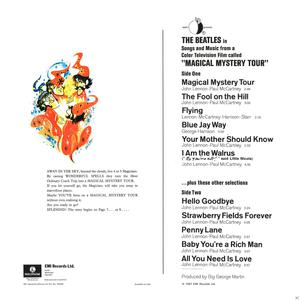 Albumcover mit einem Cartoon-Bild der Beatles und Trackliste von der 'Magical Mystery Tour'.