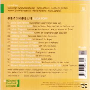 Albumcover: Lucia Popp, Great Singers Live. Enthält Text, eine Titelliste und ein Logo.