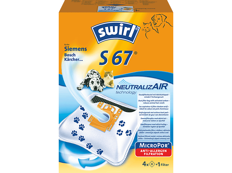 Swirl S 67 Anti-Geruch Staubsaugerbeutel + 1 Filter 4 Stück, passend für: Siemens, Bosch
