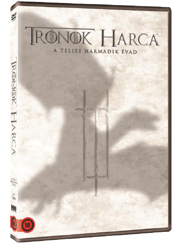 DVD borító: Trónok Harca, harmadik évad. Két keresztezett kard és a sárkány árnyéka a borítón.