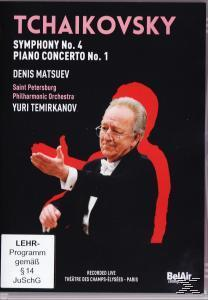 DVD-Cover: Tschaikowsky Symphonie Nr. 4, Klavierkonzert Nr. 1 mit Dirigent und Text auf schwarzem Hintergrund.