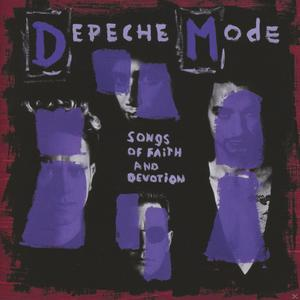 Albumcover mit lila bedeckten Gesichtern. Text: Songs of Faith and Devotion, Depeche Mode.