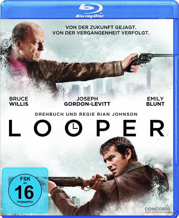 Filmplakat mit Bruce Willis, Joseph Gordon-Levitt und Emily Blunt.