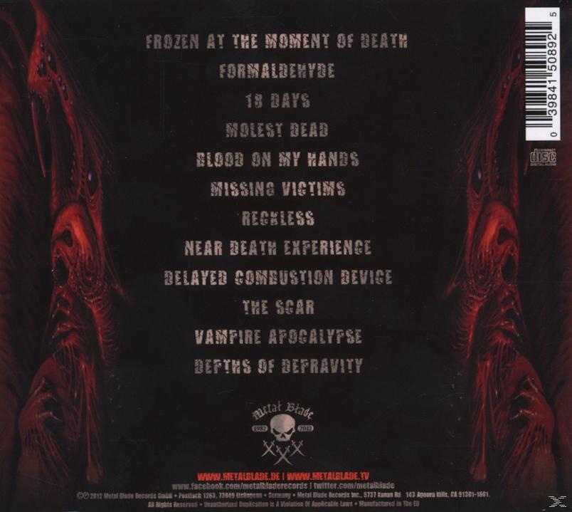 CD-Cover mit Songtiteln, mit rotem und schwarzem Hintergrund und einer gruseligen Illustration.