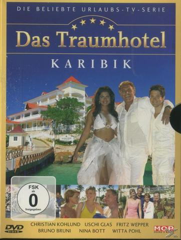 DVD-Cover von Das Traumhotel Karibik. Menschen am Strand vor einem Hotel.