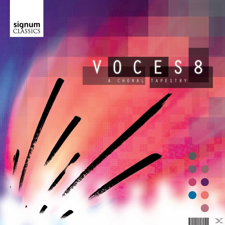 Albumcover für Voces 8. Enthält abstrakte farbenfrohe Formen und Pinselstriche. Der Text enthält den Bandnamen.