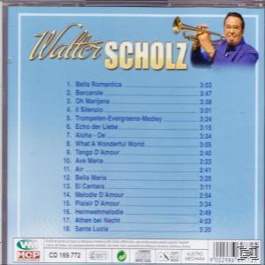 CD-Cover mit Walter Scholz, einem Mann, der Trompete spielt, und einer Titelliste.