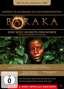 DVD-Cover für 'Baraka'. Eine Person mit rot bemalten Gesicht im Wald. Titel in Gold.